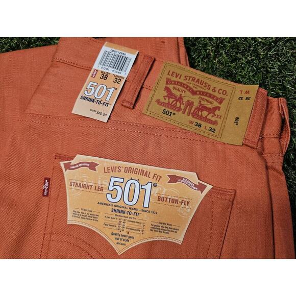 LEVI'S 501 Jeans NWT Button Fly Shrink to Fit Salmon Coral Straight Mens 38x32 - Picture 2 of 9